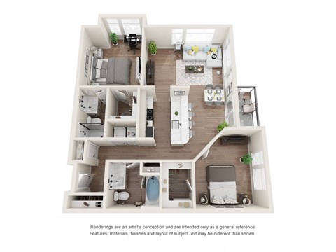 Floor plan for 2 beds, 2 baths, 1101 sqft